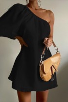 Black Casual Solid Backless Oblique Collar Irregular Dress Dresses