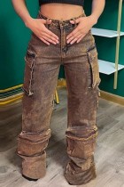 Brown Casual Solid Patchwork High Waist Regular Denim Jeans