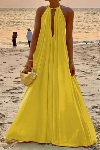 Yellow Sexy Casual Solid Hollowed Out O Neck Dresses