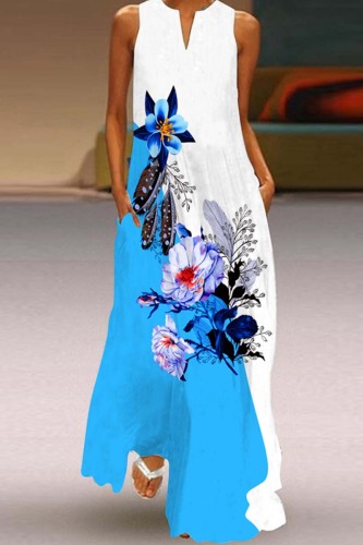 White Blue Casual Print Basic V Neck Long Dress Dresses