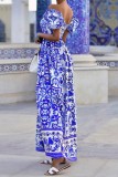 Blue Casual Print Patchwork Backless Off the Shoulder Long Dress Dresses