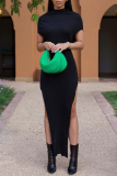 Black Elegant Simplicity Plain High Opening Asymmetrical Collar Long Dress Dresses