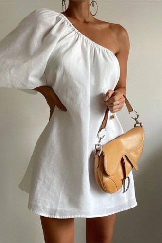 White Casual Solid Backless Oblique Collar Irregular Dress Dresses