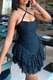 Black Sexy Daily Cross Straps Solid Color Spaghetti Strap Mini Dress Dresses