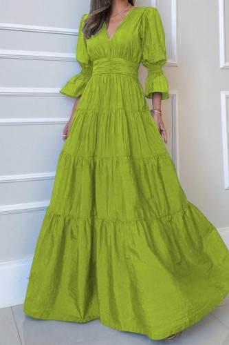 Grass Green Casual Solid Patchwork V Neck Long Dress Dresses