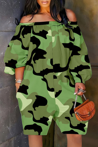 Camouflage Casual Print Basic Off the Shoulder Regular Romper