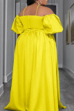 Yellow Casual Work Elegant Solid Pocket Fold Halter A Line Plus Size Dresses