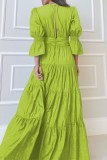 Grass Green Casual Solid Patchwork V Neck Long Dress Dresses