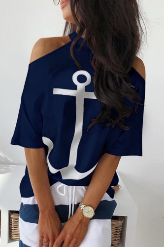 Tibetan Blue Casual Print Hollowed Out O Neck T-Shirts