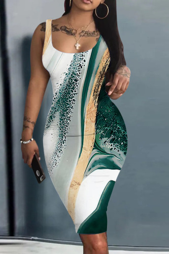 Dark Green Casual Print Basic U Neck Vest Dress Dresses
