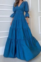 Blue Casual Solid Patchwork V Neck Long Dress Dresses