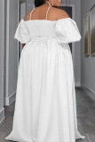 White Casual Work Elegant Solid Pocket Fold Halter A Line Plus Size Dresses