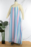 Light Blue Sexy Casual Striped Print Backless Spaghetti Strap Long Dress Plus Size Dresses