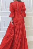 Red Casual Solid Patchwork V Neck Long Dress Dresses