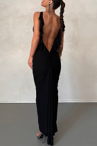 Black Sexy Casual Elegant Solid Backless Fold Stringy Selvedge Spaghetti Strap Pencil Skirt Dresses