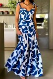 Blue Sexy Casual Print Bandage Backless Spaghetti Strap Long Dress Dresses