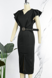 Black Casual Solid Slit With Belt V Neck Short Sleeve Dress Dresses