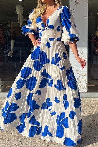 Blue Casual Print Patchwork Backless V Neck Long Dress Dresses