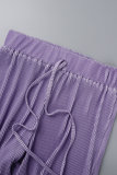 Purple Casual Solid Basic Turndown Collar Short Sleeve Two Pieces