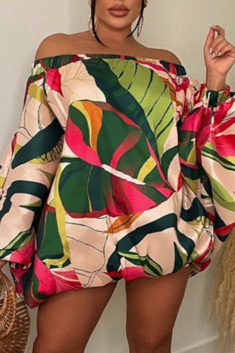 Apricot Casual Print Backless Off the Shoulder Long Sleeve Dresses