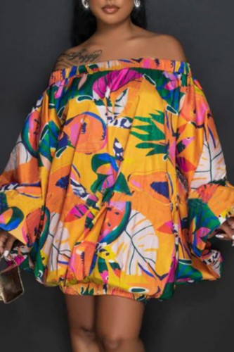 Orange Casual Print Backless Off the Shoulder Long Sleeve Dresses