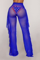 Blue Sexy Solid Flounce Straight Mid Waist Straight Solid Color Bottoms