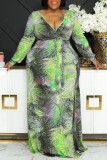 Green Casual Print Slit V Neck Long Sleeve Plus Size Dresses