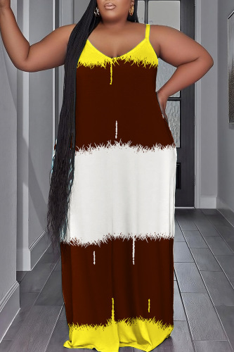 Brown Sexy Casual Print Backless Spaghetti Strap Long Dress Plus Size Dresses