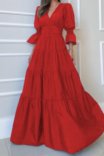 Red Casual Solid Patchwork V Neck Long Dress Dresses