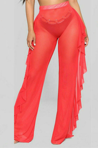 Red Sexy Solid Flounce Straight Mid Waist Straight Solid Color Bottoms