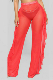 White Sexy Solid Flounce Straight Mid Waist Straight Solid Color Bottoms