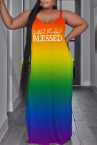 Orange Yellow Sexy Casual Print Backless Spaghetti Strap Long Dress Plus Size Dresses