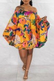 Multicolor Casual Print Backless Off the Shoulder Long Sleeve Dresses