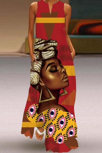 Red Casual Print Basic V Neck Long Dress Dresses