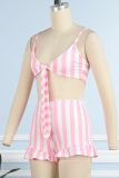 Pink Sexy Casual Striped Print Backless Spaghetti Strap Sleeveless Two Pieces
