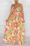 Pink Sexy Print Printing Pleated Strapless Straight Jumpsuits