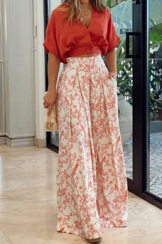 Red Casual Print Patchwork V Neck Short Sleeve Two Pieces
