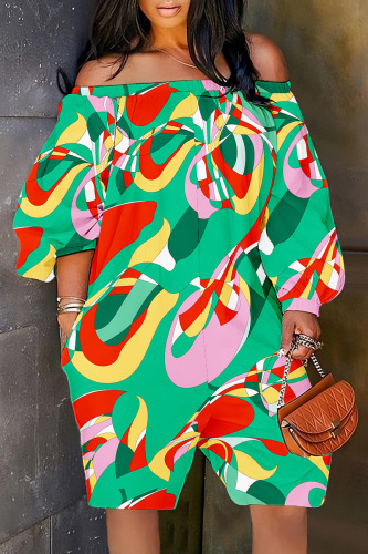 Green Casual Print Basic Off the Shoulder Regular Romper