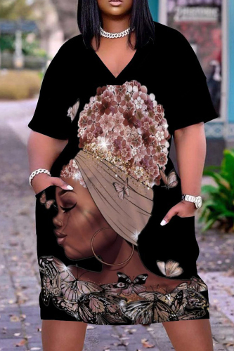 Black khaki Casual Print Basic V Neck Short Sleeve Dress