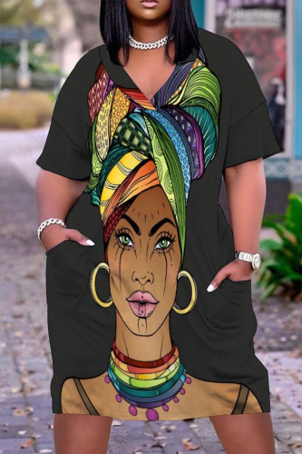 Khaki Casual Print Basic V Neck Short Sleeve Dress