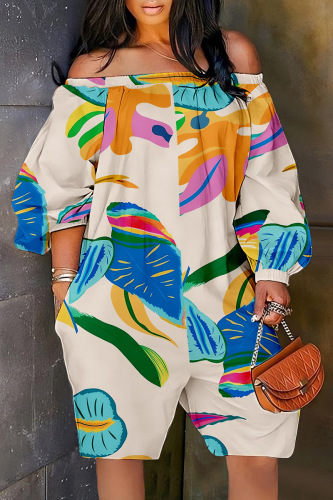 Apricot Casual Print Backless Off the Shoulder Regular Romper