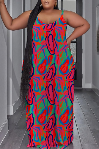 Rose Red Sexy Casual Print Backless Spaghetti Strap Long Dress Plus Size Dresses