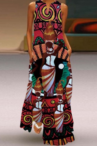 Red-brown Casual Print Basic V Neck Long Dress Dresses
