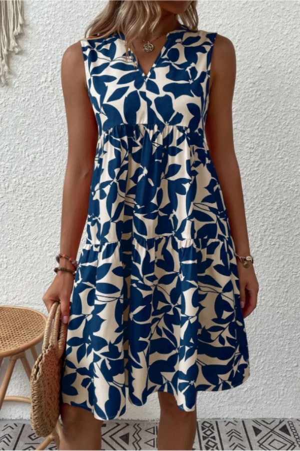 Wholesale Navy Deep V-Neck Sleeveless Floral Print Zip Back Criss-Cross Irregular Hem Maxi Dresses