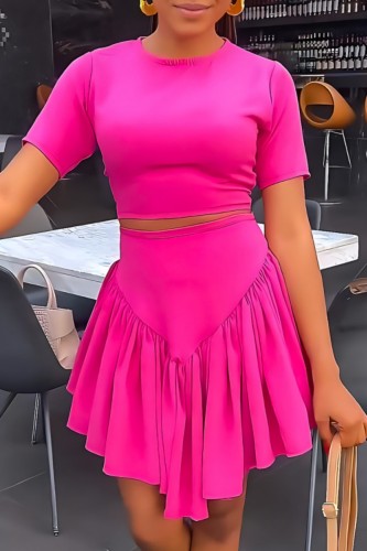 Rose Red Casual Solid Basic O Neck Short Sleeve Two Pieces