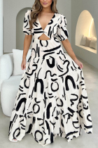 Cream White Sweet Elegant Print Backless V Neck Long Dress Dresses