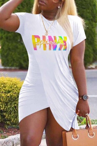 White Casual Print Letter O Neck One Step Skirt Dresses