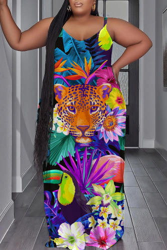 Multicolor Sexy Casual Print Backless Spaghetti Strap Long Dress Plus Size Dresses