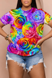 Light Blue Women Rainbow Multicolor Gredient Letter Print Round Neck T-shirts Tees Tops