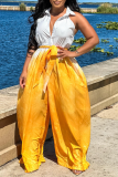 Yellow Vacation Two Piece Dress Sleeveless V Neck Tie Up Plus Size Casual Loose Vacation Straight Wide Leg Jumpsuit